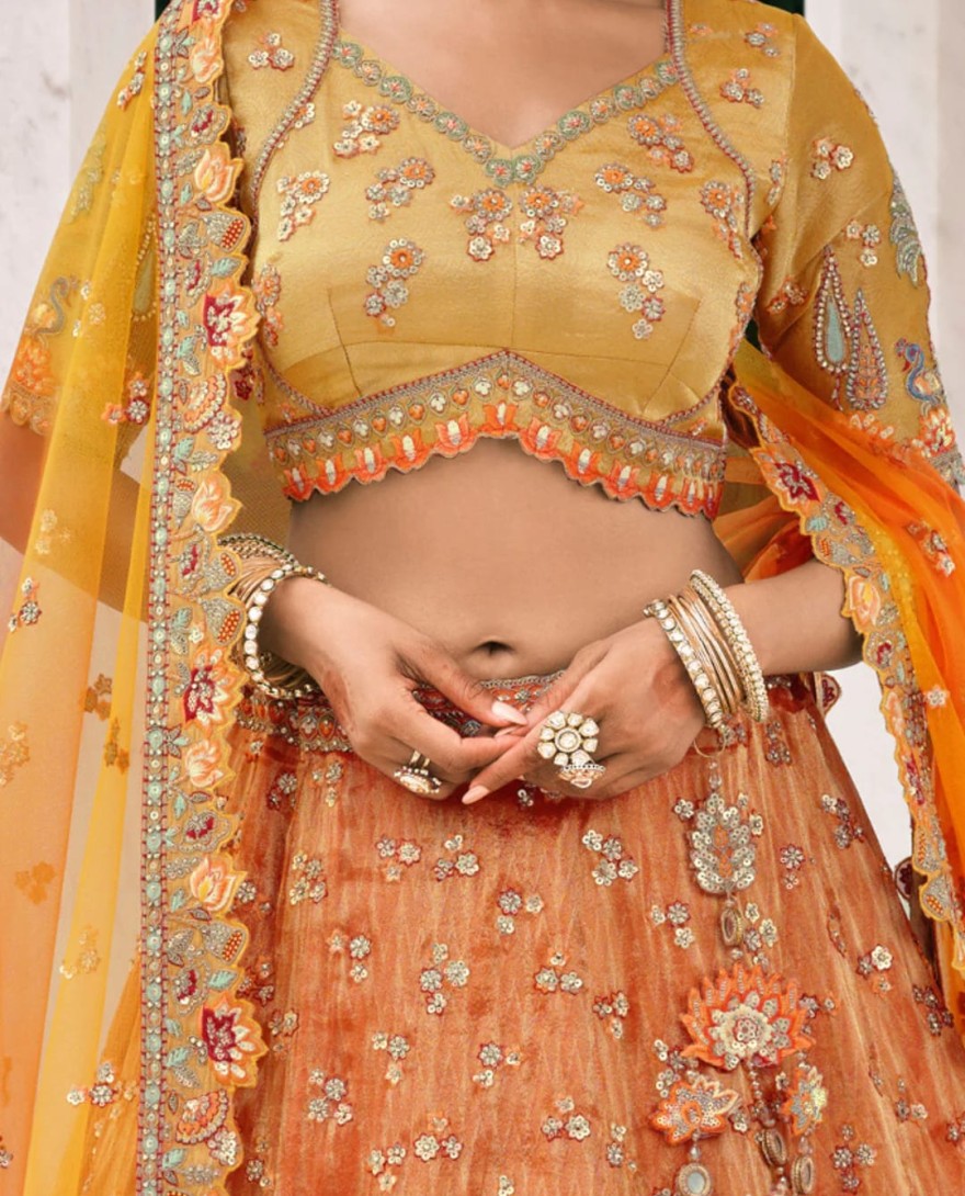 Orange - Cadmium Orange Fancy Silk Lehenga Choli With Cut Work Embroidery Border & Stone Work